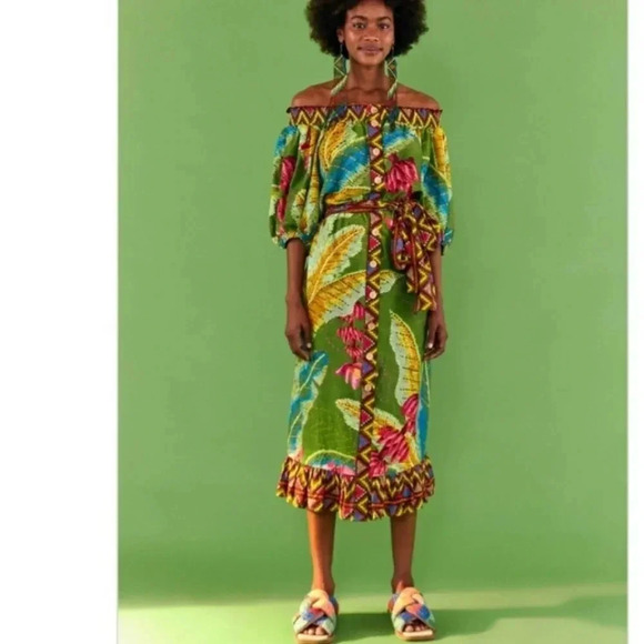 Farm Rio - Banana Leaves Off Shoulder Midi Dress in Banana Leaves size M NWT - Picture 3 of 9